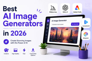 Best AI Image Generators in 2026 featuring popular AI art tools like Midjourney, DALL·E, Adobe Firefly, Leonardo AI, and Ideogram for creating high-quality AI-generated images.