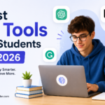Best AI Tools for Students in 2026 – Student using AI-powered learning tools on a laptop for studying, writing, research, and productivity.