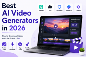 Best AI Video Generators in 2026 featuring popular AI video creation tools like Runway, Pika, Synthesia, InVideo AI, and Lumen5 for text-to-video, AI voiceovers, and video editing.