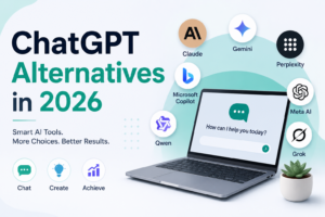 ChatGPT Alternatives in 2026 featuring leading AI assistants like Claude, Gemini, Microsoft Copilot, Perplexity AI, Grok, Qwen, and Meta AI for writing, coding, research, and productivity.
