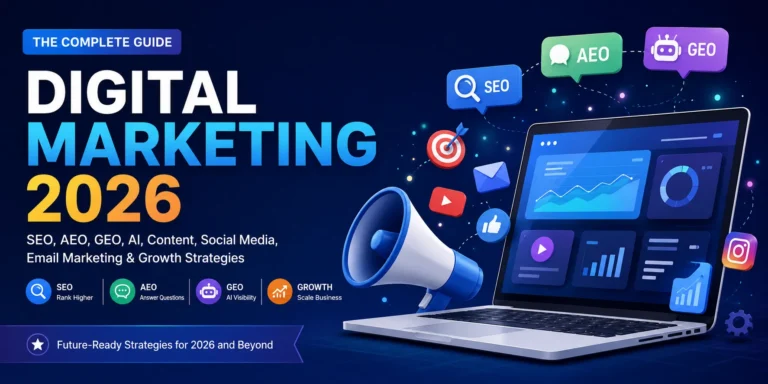 Digital Marketing 2026 complete guide featuring SEO, AEO, GEO, AI, content marketing, social media, email marketing and growth strategies