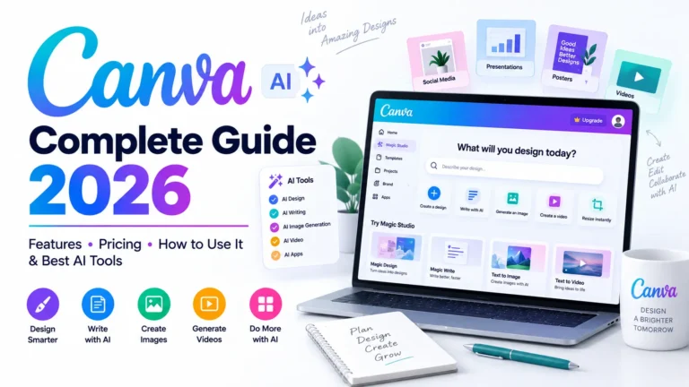 Canva AI Complete Guide 2026 featuring AI design, writing, image generation, video and productivity tools