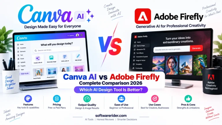 Canva AI vs Adobe Firefly comparison 2026 showing AI design features, pricing, output quality, and use cases