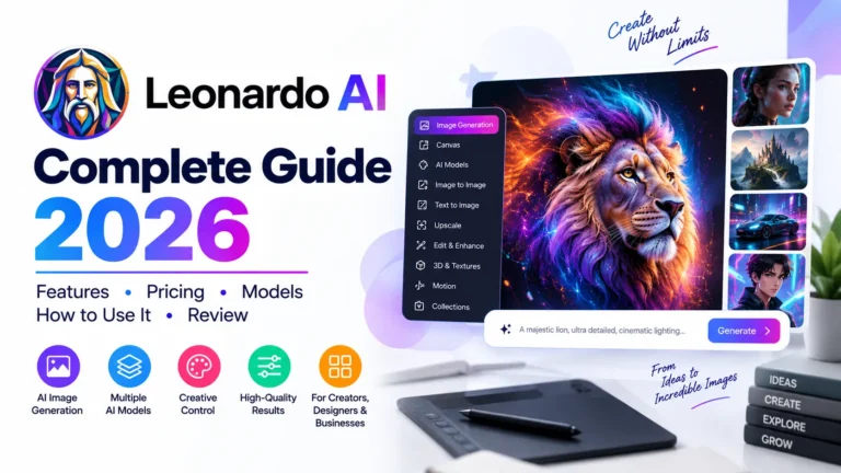 Leonardo AI Complete Guide 2026 featuring AI image generation, models, creative tools, and features