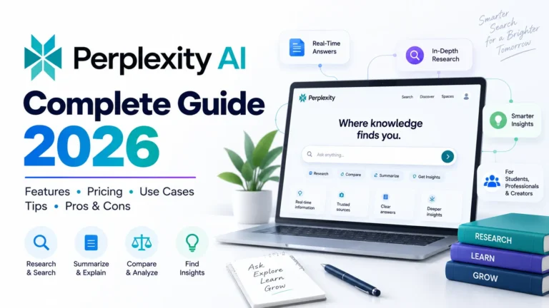 Perplexity AI complete guide 2026 showing AI search, research, citations, pricing, SEO and alternatives
