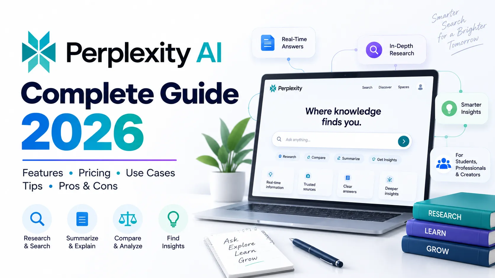 Perplexity AI complete guide 2026 showing AI search, research, citations, pricing, SEO and alternatives