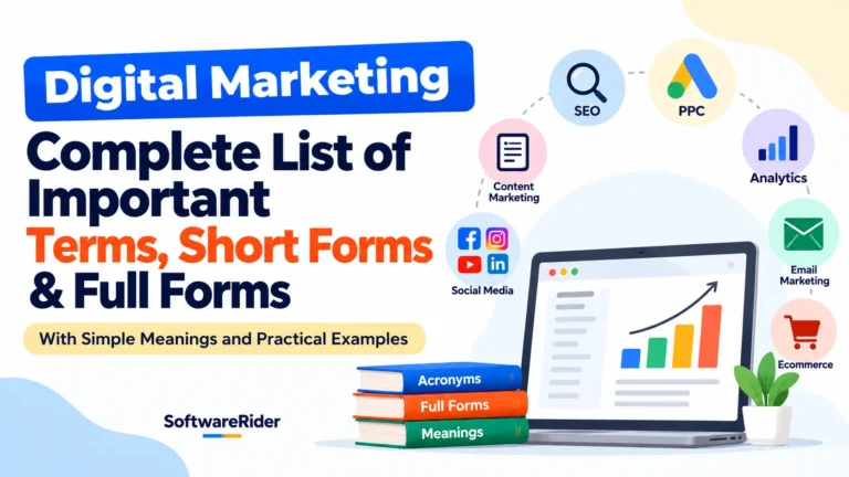 Digital marketing terms and abbreviations including SEO, PPC, analytics, content marketing, social media, email marketing and e-commerce.