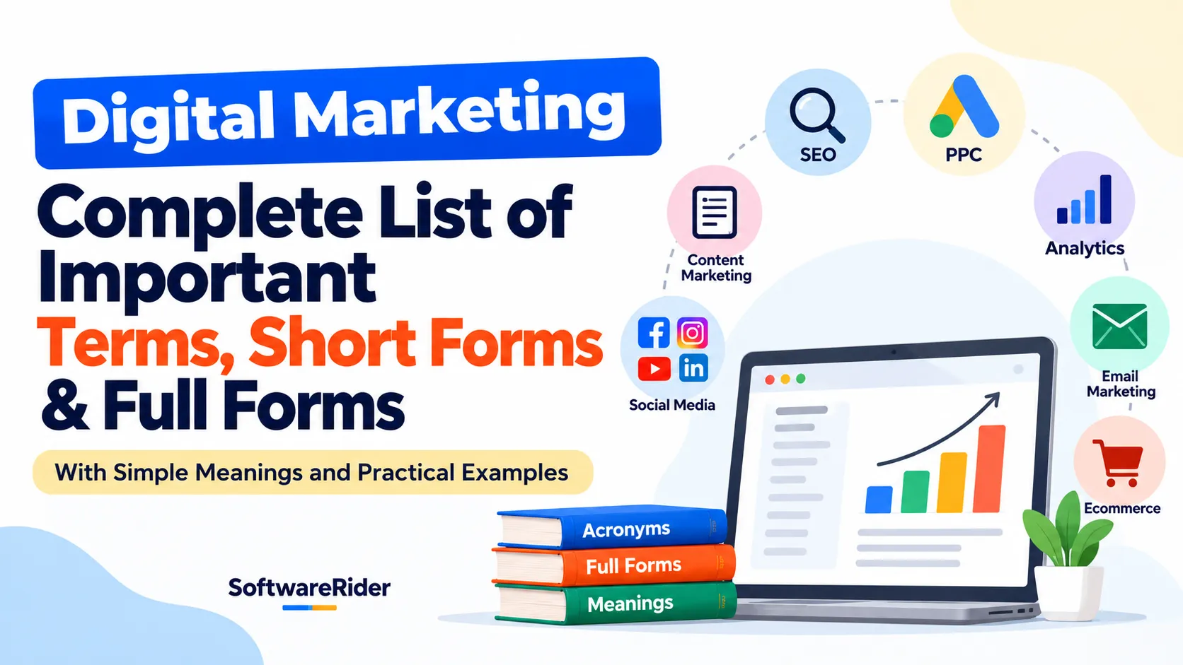 Digital marketing terms and abbreviations including SEO, PPC, analytics, content marketing, social media, email marketing and e-commerce.